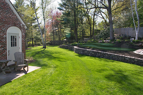A backyard putting green and landscaping